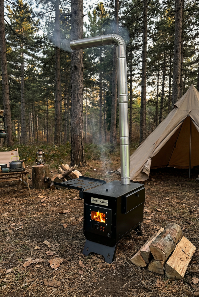 Kuzineli Kamp Sobası | Katlanır Ayaklı | Odunlu | Fırınlı & Çantalı