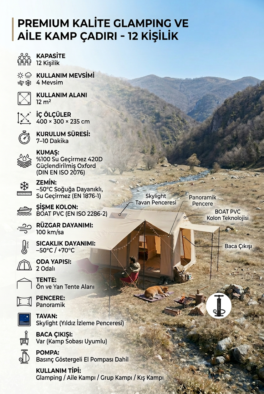 12 Kişilik Şişme Çadır - 420D - 2 Odalı - 12 M2 - Güçlendirilmiş Kumaş