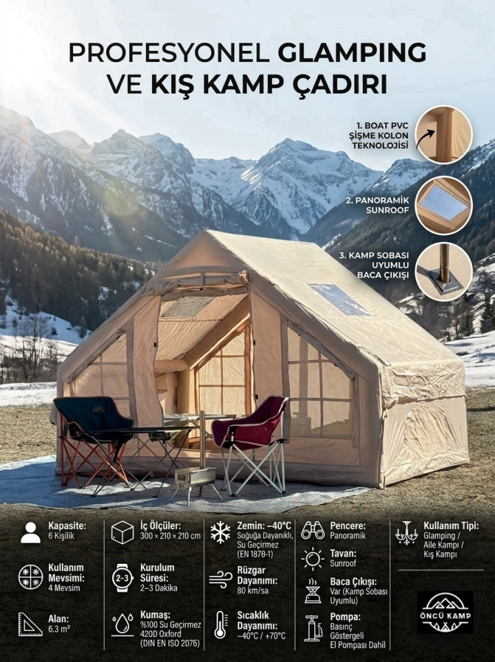 6.3 m² 6 Kişilik Şişme Kamp Çadırı | 4 Mevsim | −40°C
