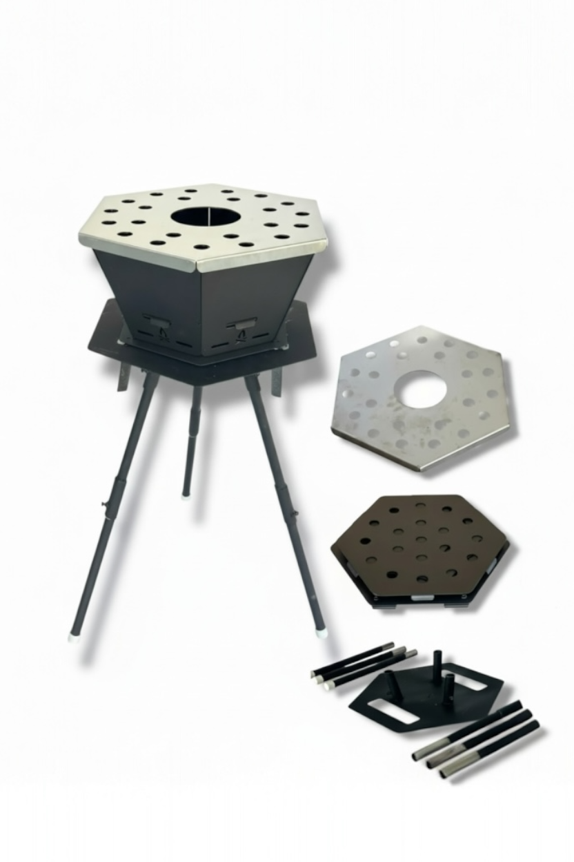Altıgen Ateş Çukuru & Mangal Seti | Izgaralı | Ayak Standlı | Çelik