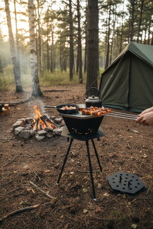 Altıgen Ateş Çukuru & Mangal Seti | Izgaralı | Ayak Standlı | Çelik