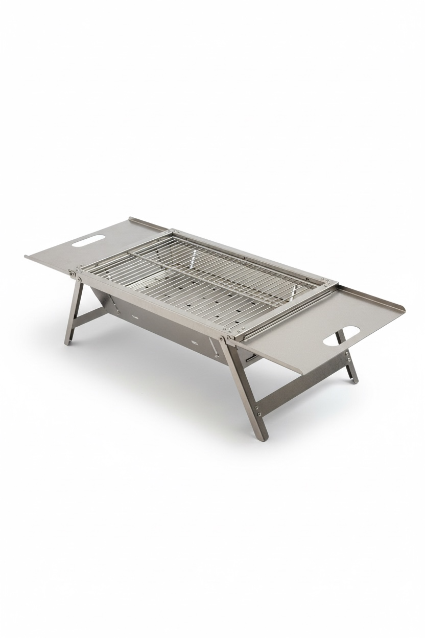 Katlanabilir Krom Mangal – Geniş Yan Raflı | Çantalı | 90x35 cm