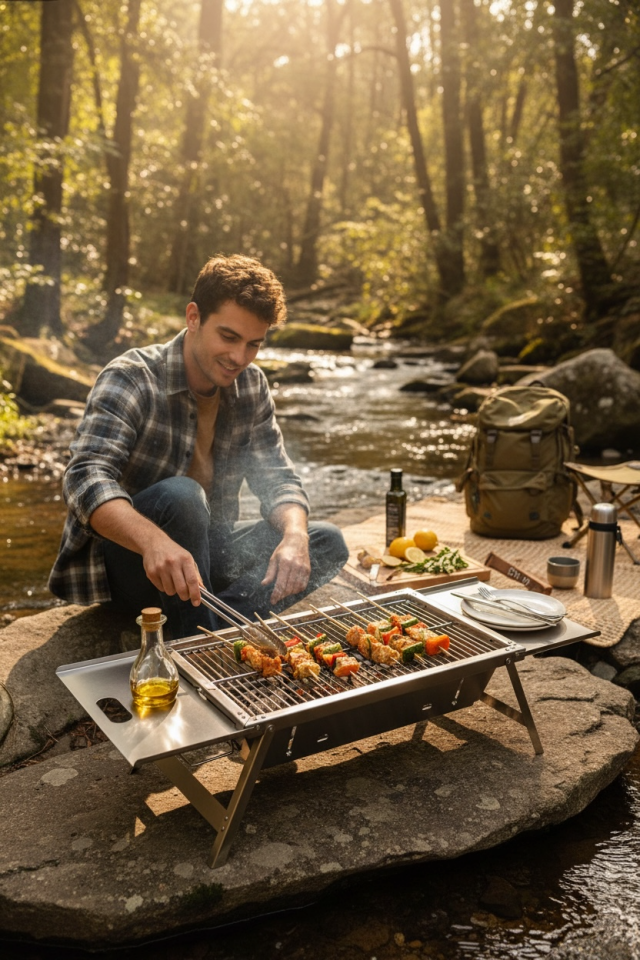 Katlanabilir Krom Mangal – Geniş Yan Raflı | Çantalı | 90x35 cm