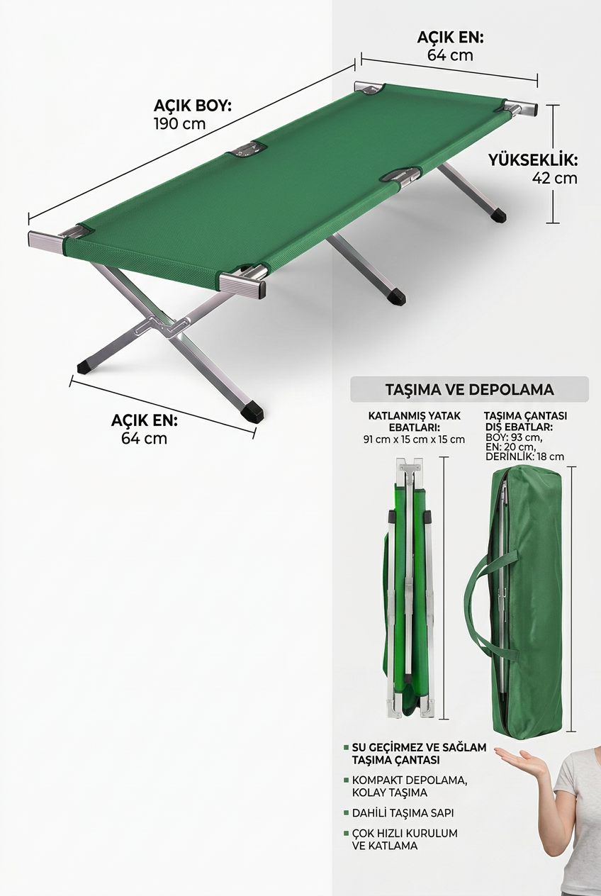Katlanır Kampet Şezlong | 190 cm Taşıma Çantalı Kamp Yatağı