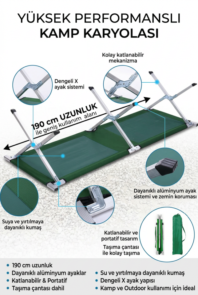 Katlanır Kampet Şezlong | 190 cm Taşıma Çantalı Kamp Yatağı