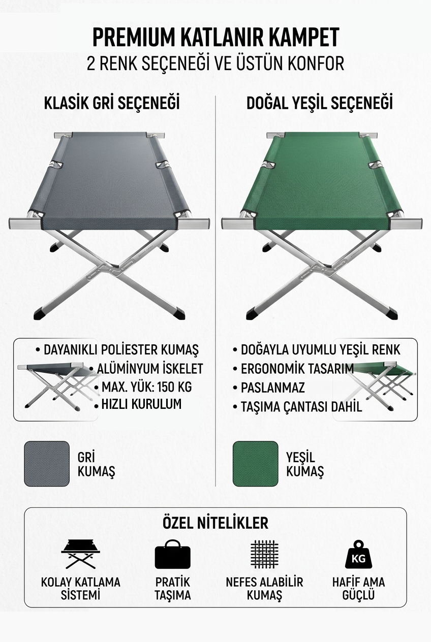 Katlanır Kampet Şezlong | 190 cm Taşıma Çantalı Kamp Yatağı