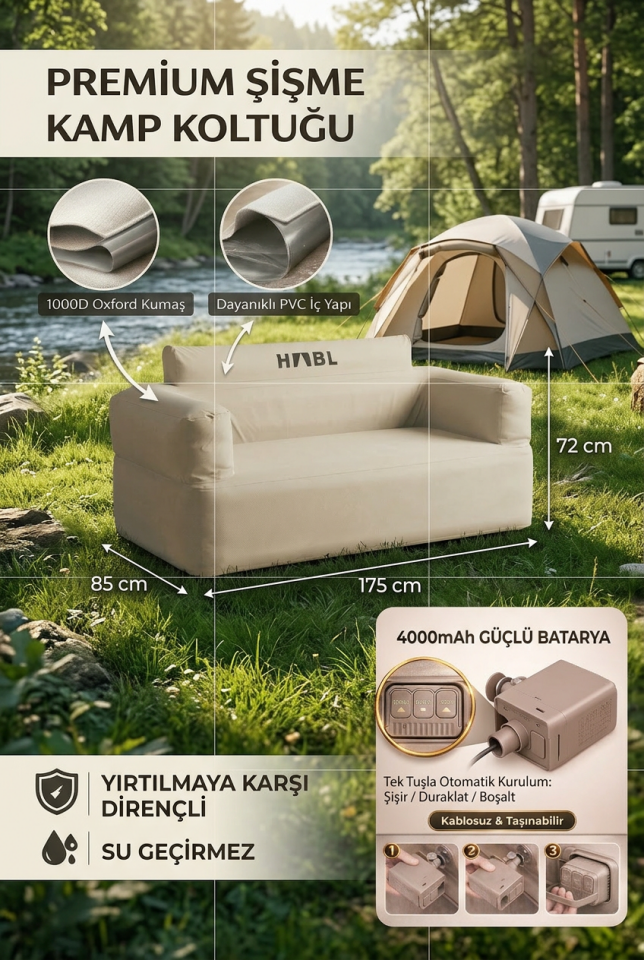 Şişme Kamp Koltuğu | Şarjlı Pompalı | 1000D Oxford