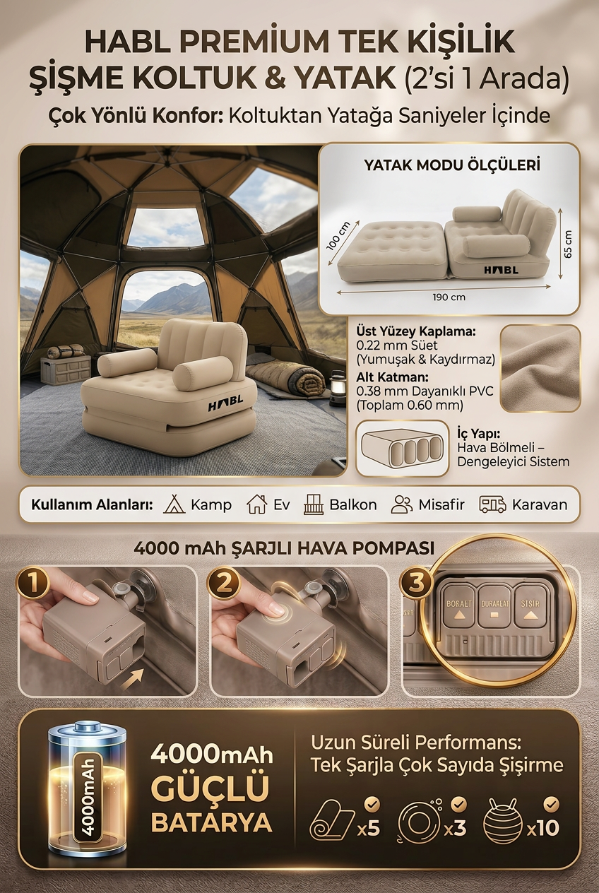 Şişme Koltuk Yatak | Tek Kişilik | 2’si 1 Arada | Şarjlı