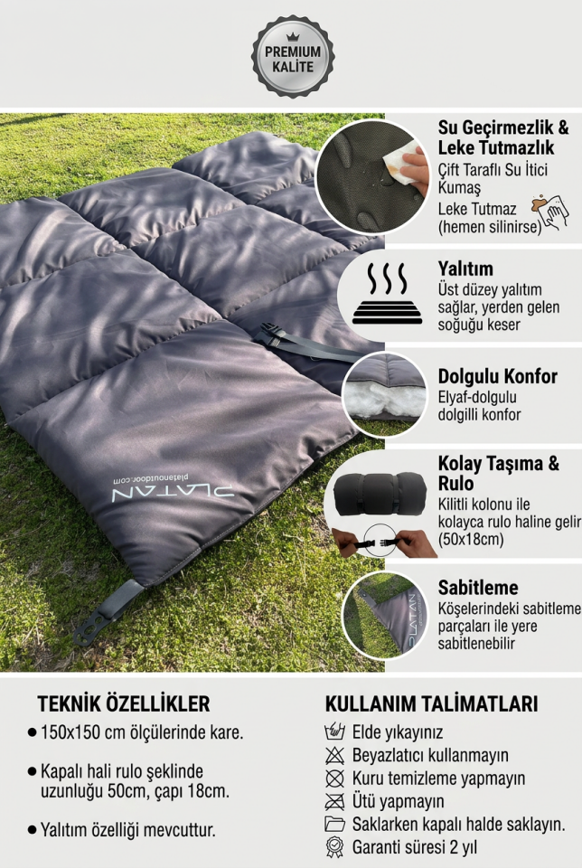 Platan Handy Ones-G Kamp Piknik Örtüsü | Su Geçirmez, Yalıtımlı, Dolgulu Mat (150x150 cm)