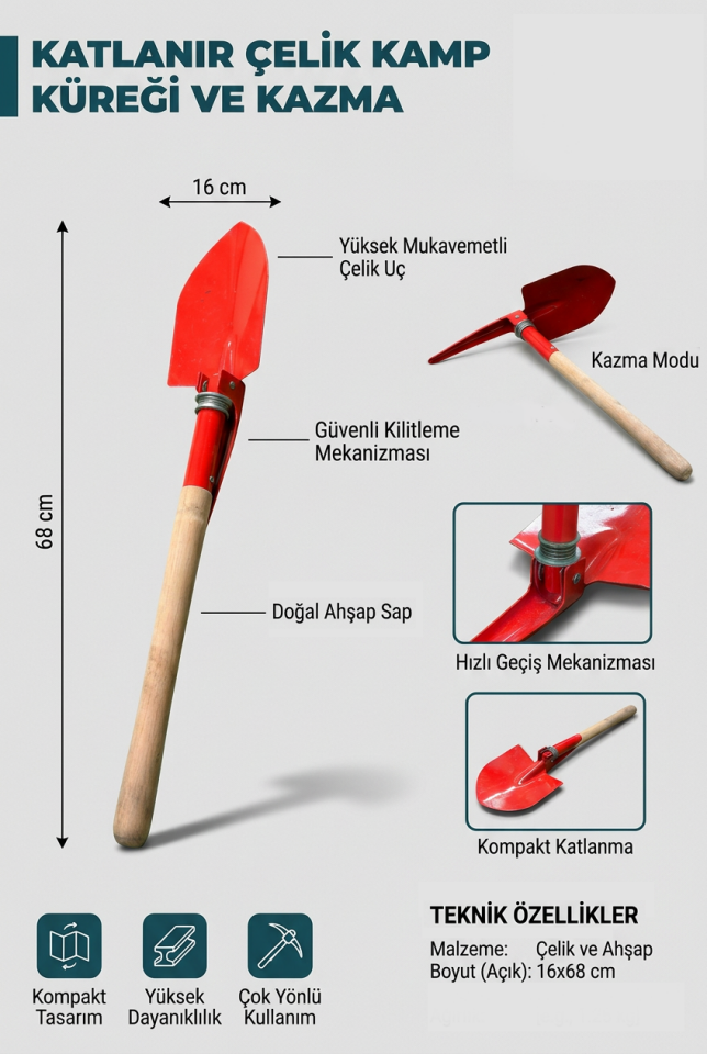 Katlanabilir Kamp Küreği ve Kazma | Çok Fonksiyonlu Çelik Kamp Küreği (16x68 cm)