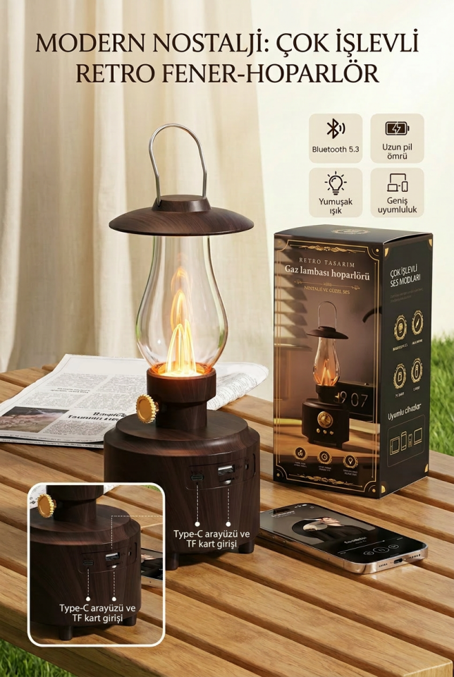 Nostaljik Gaz Lambası Tasarımlı Bluetooth Hoparlör | Retro LED Işık, USB / AUX / FM Destekli