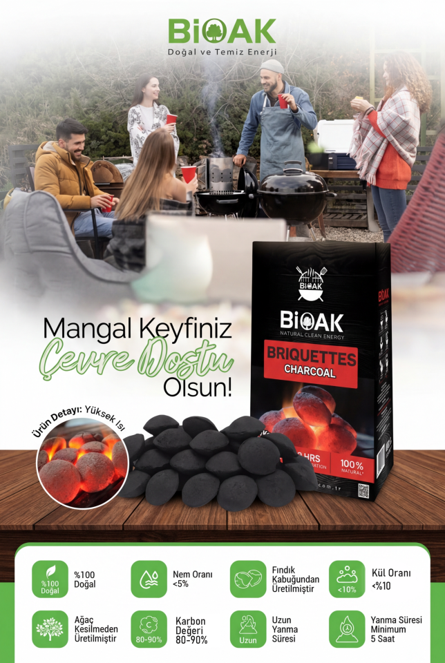 Fındık Kabuğu Briket Mangal Kömürü | Uzun Süre Yanan, Yüksek Isı, Düşük Kül Oranı