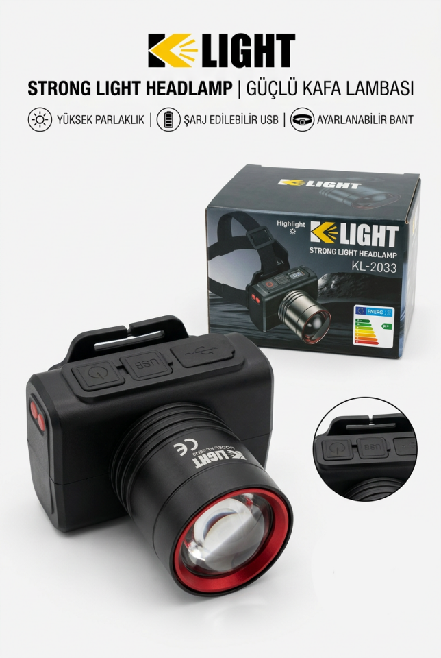 K Light KL-2033 Şarjlı Kafa Lambası | Güçlü LED, USB Şarjlı, Ayarlanabilir Baş Bandı