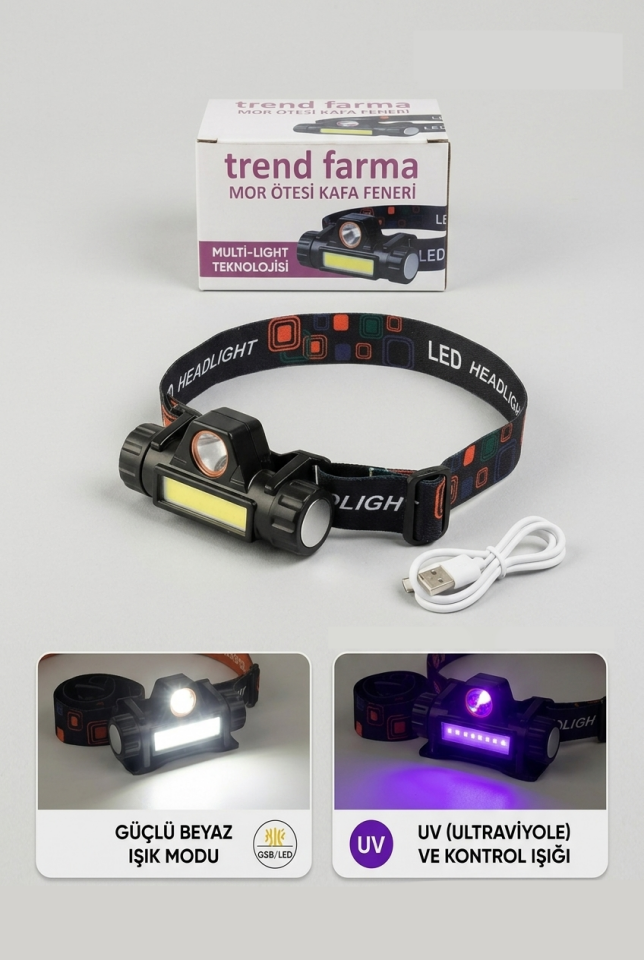 UV Işıklı Şarjlı Kafa Lambası | COB + Spot LED, Tip-C Şarjlı, Çok Modlu Profesyonel Aydınlatma