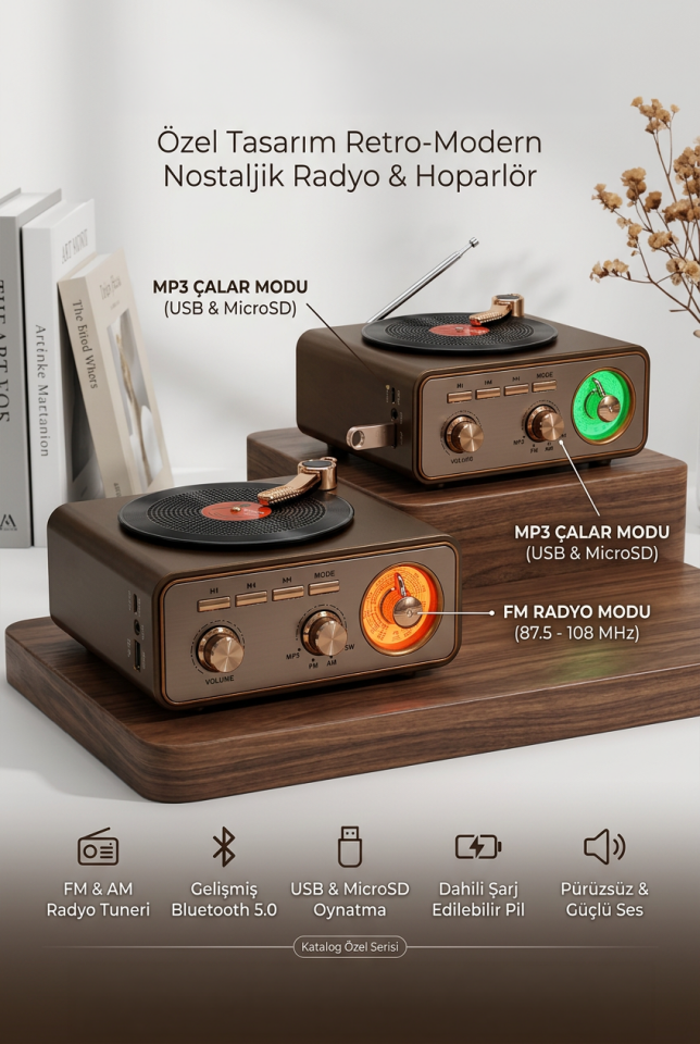 RT-712 Retro Bluetooth Plak Radyo | Pikap Tasarımlı, USB/SD/MP3, Şarjlı Nostaljik Müzik Kutusu