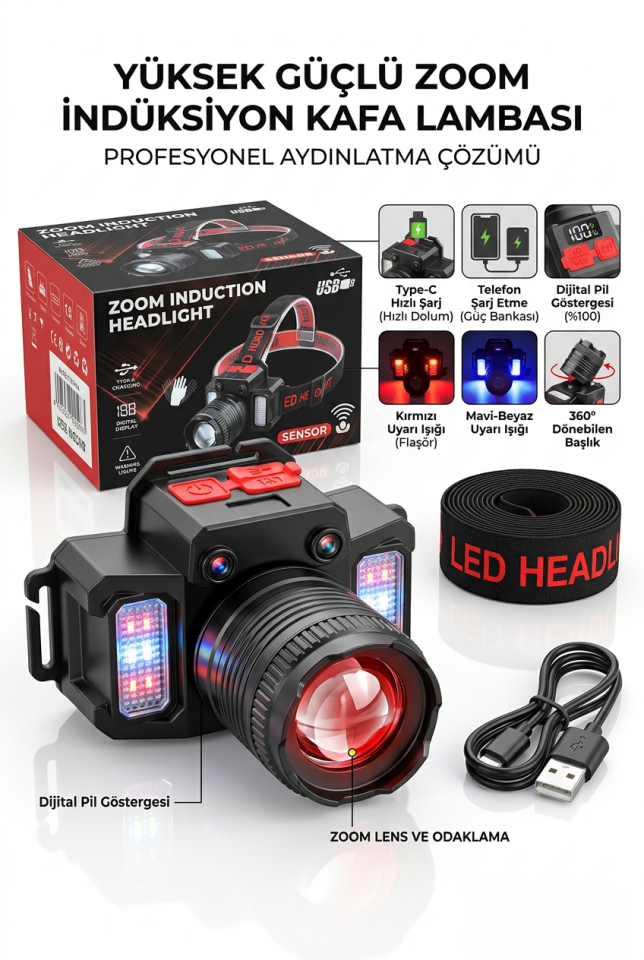 Zoom Sensörlü Şarjlı Kafa Lambası | COB + XPE LED, Type-C, Dijital Göstergeli Profesyonel Headlamp