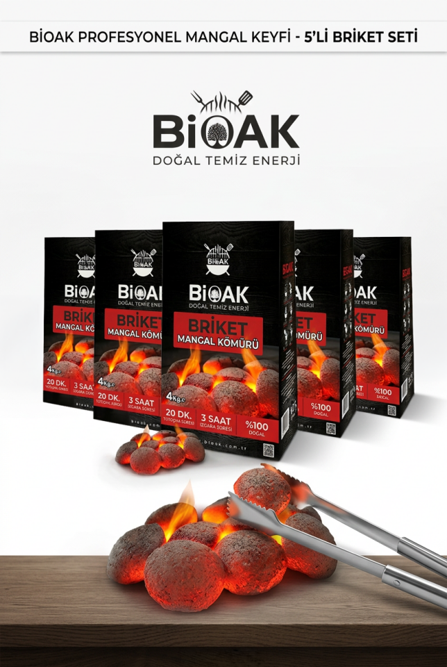 Fındık Kabuğu Briket Mangal Kömürü 5’li Paket | Uzun Süre Yanan, Yüksek Isı, Düşük Kül