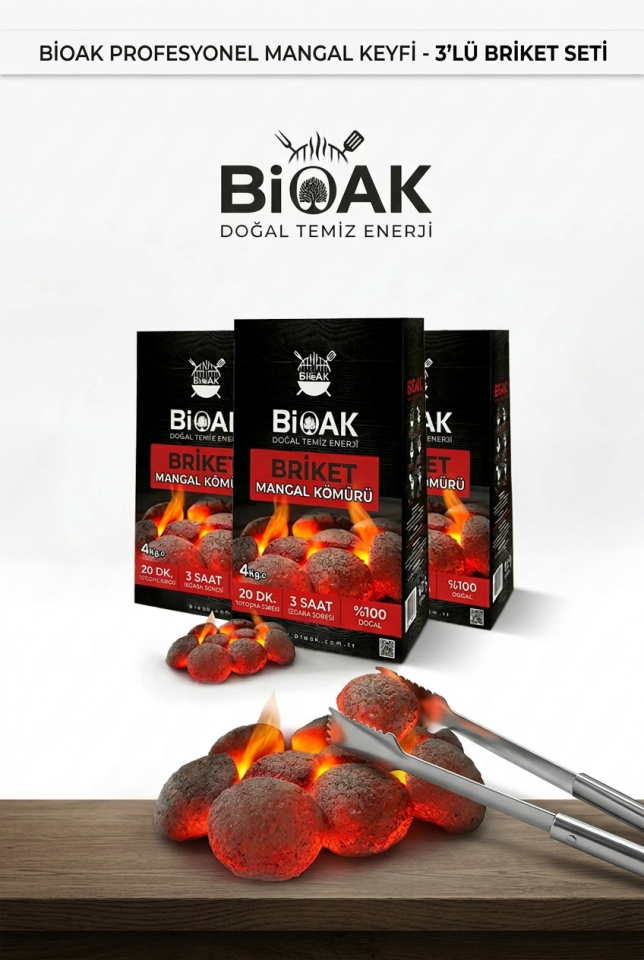 Fındık Kabuğu Briket Mangal Kömürü 3’lü Paket | Uzun Süre Yanan, Yüksek Isı, Düşük Kül
