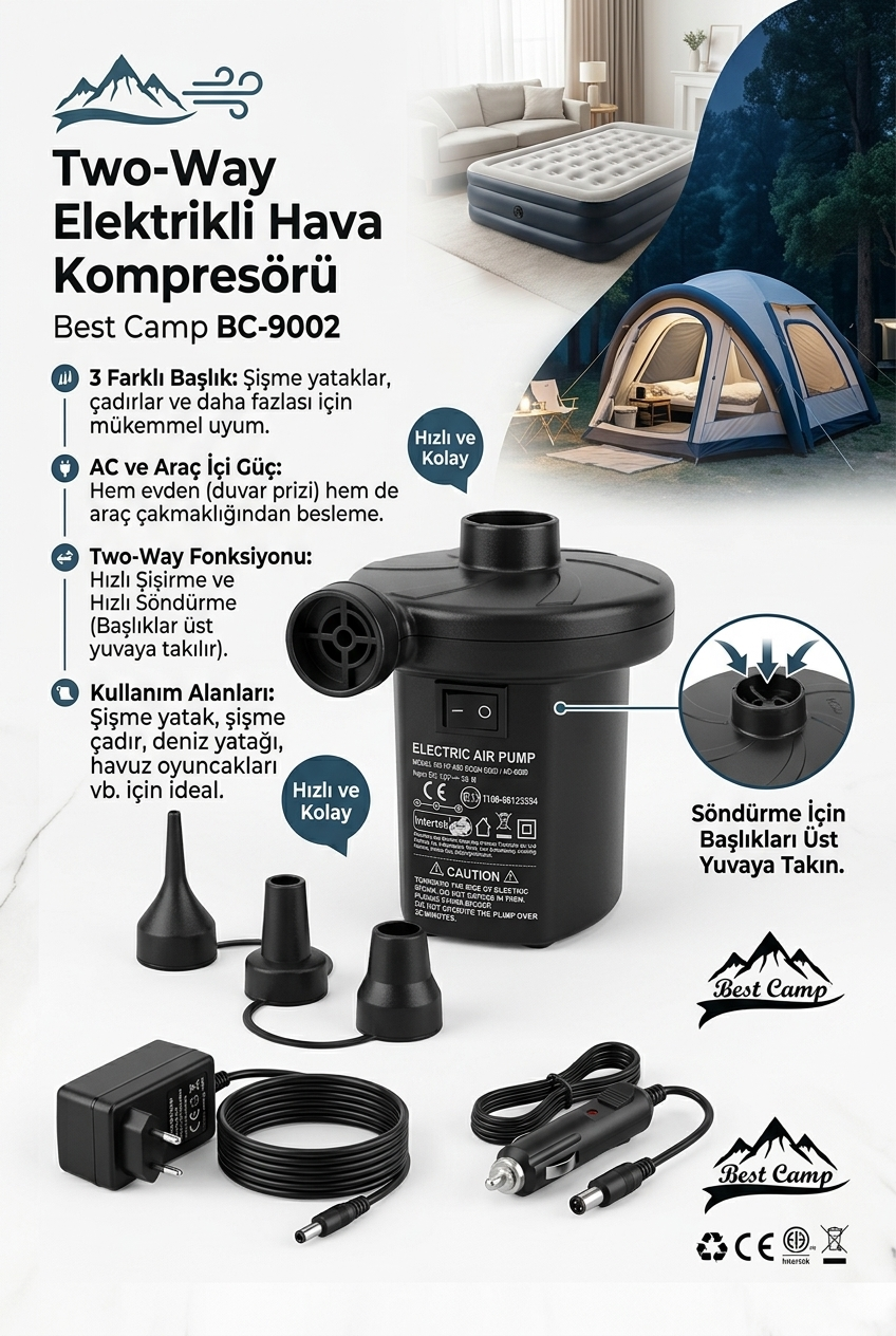 Two-Way Elektrikli Hava Kompresörü | AC + Araç Uyumlu | Hızlı Şişirme & Söndürme