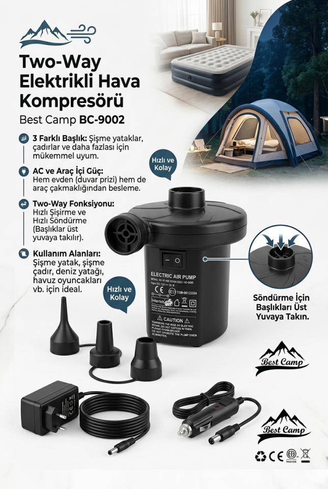 Two-Way Elektrikli Hava Kompresörü | AC + Araç Uyumlu | Hızlı Şişirme & Söndürme