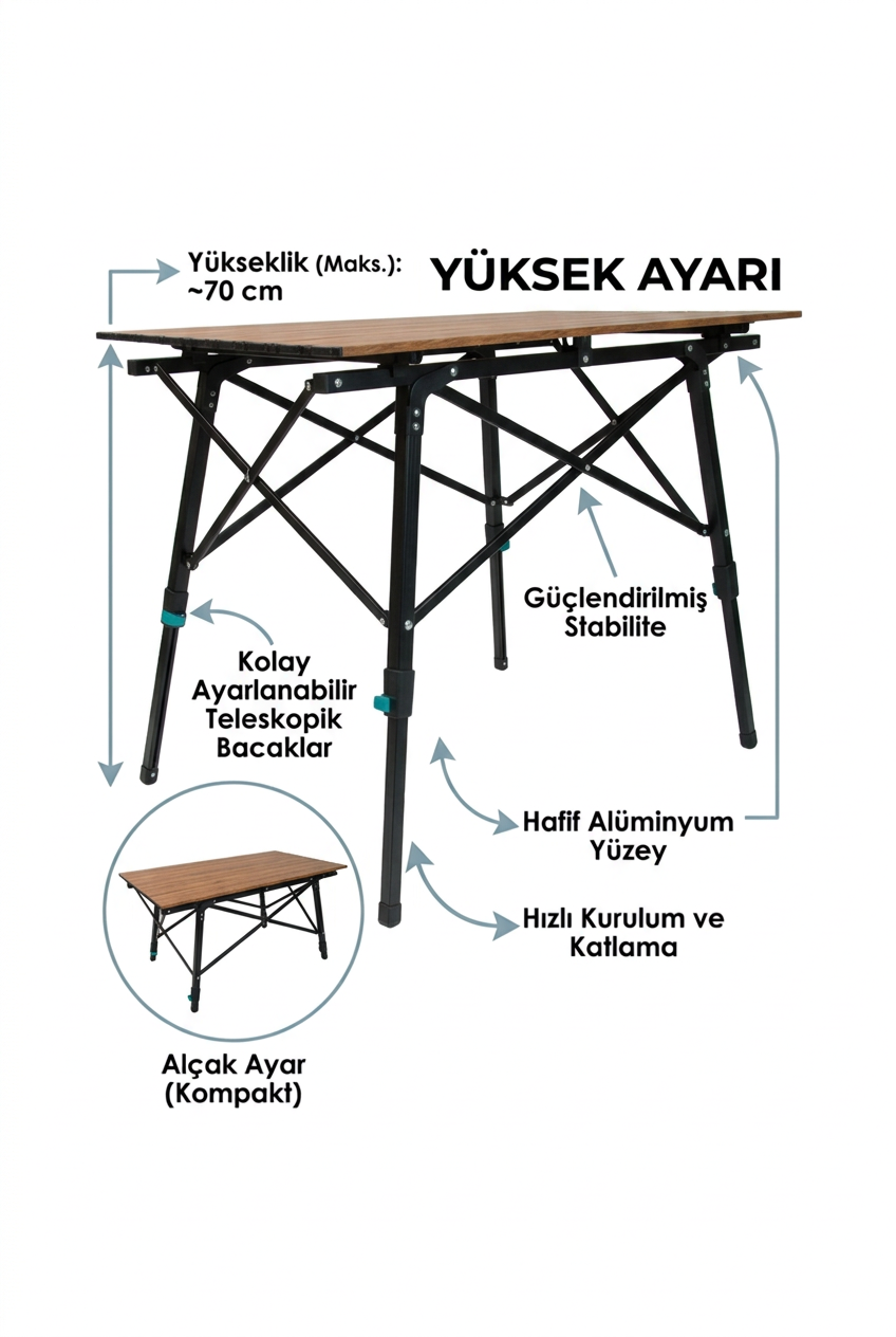 Moonlite Katlanır Kamp Masası Wooden | Yükseklik Ayarlı, Hafif, Alüminyum