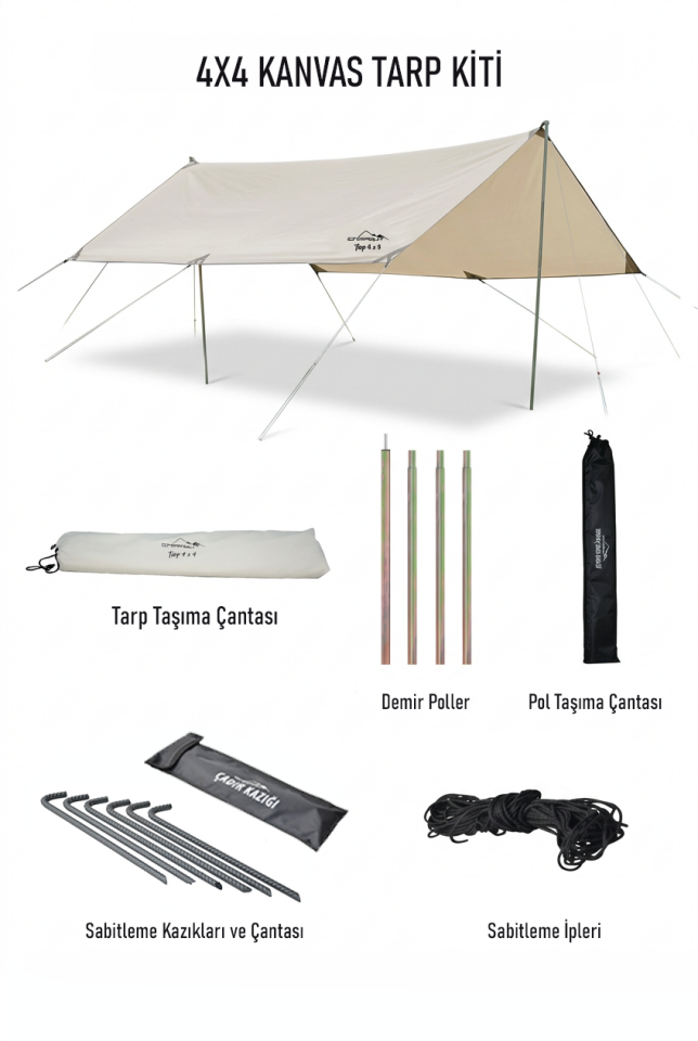 Campout Kanvas Tarp 4x4 m | 4 Mevsim, Su Geçirmez, Direkli Tente Sistemi