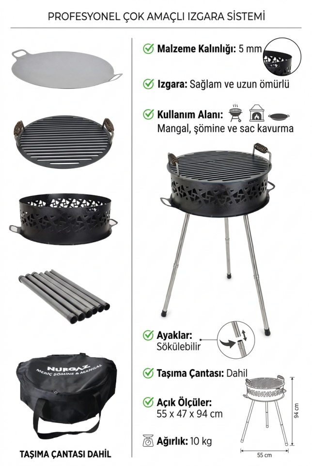 Meriç Şömine Barbekü | 5 mm Izgara, Portatif, Sac Uyumlu