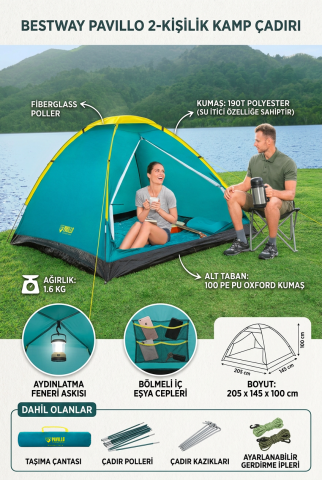 Bestway Pavillo 2 Kişilik Kamp Çadırı | Hafif, Kolay Kurulum, 3 Mevsim