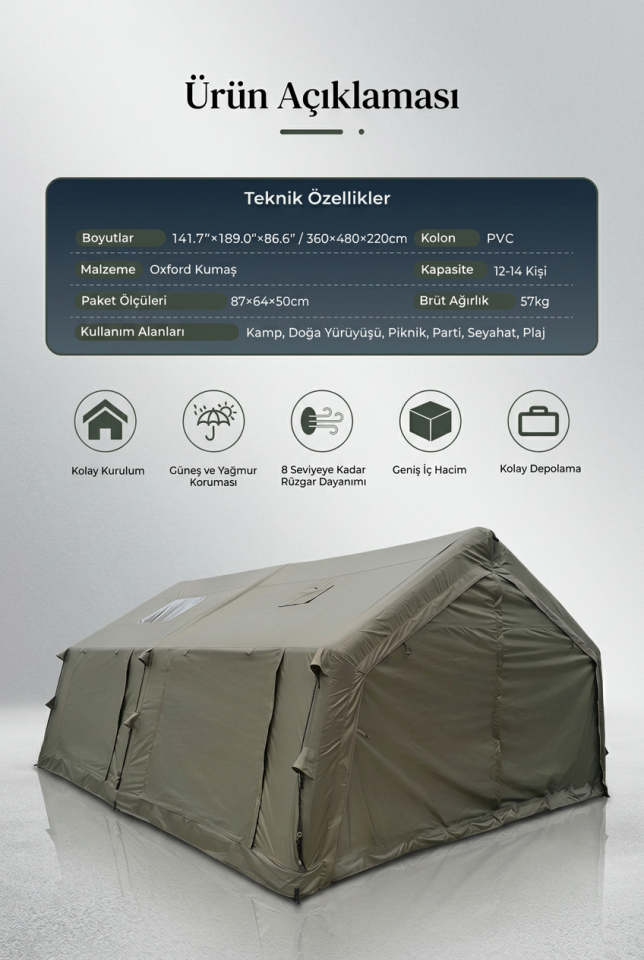 HABL 17 Kişilik Şişme Çadır 17.2 m² | Tenteli, 4 Mevsim, Hızlı Kurulum (360x480x220 cm)