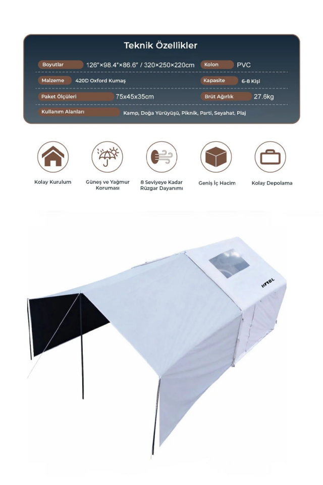 HABL 8 Kişilik Şişme Çadır 8 m² | Tenteli, 4 Mevsim, Hızlı Kurulum (320x250x220 cm)