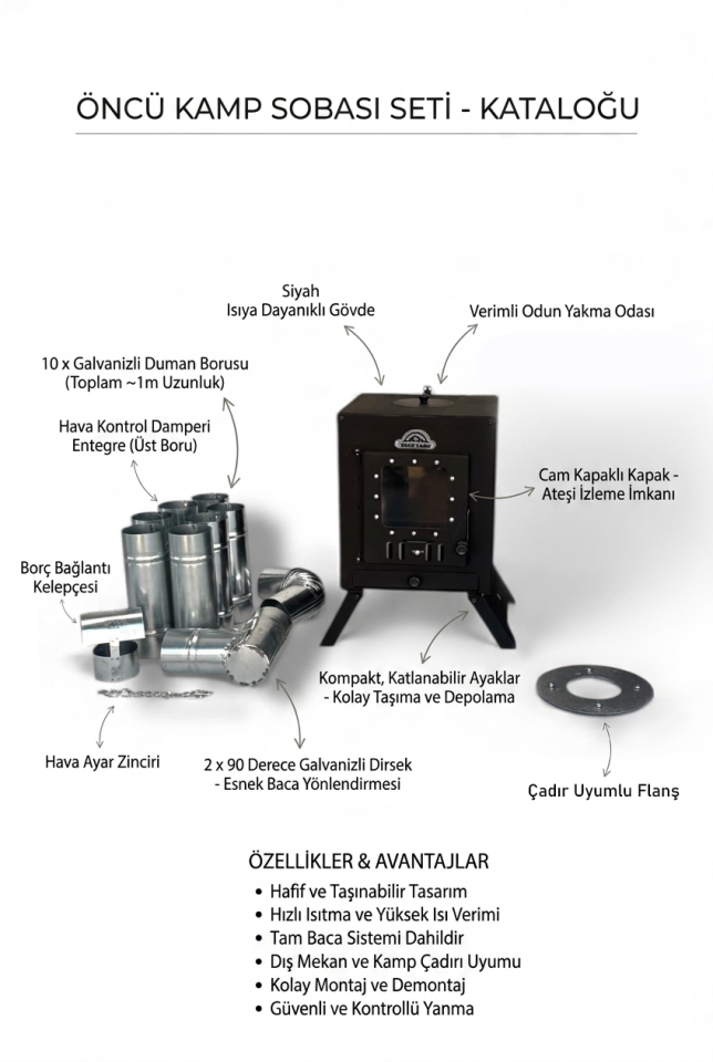Katlanır Ayaklı Kamp Sobası | ST37 Çelik, Seramik Camlı, Taşınabilir Odun Sobası Seti