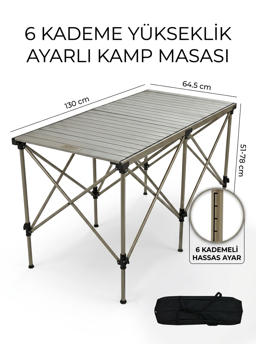 Horizon Katlanabilir Kamp Masası 130 cm | Ayarlanabilir Yükseklik, Alüminyum Gövde, Sallanmaz