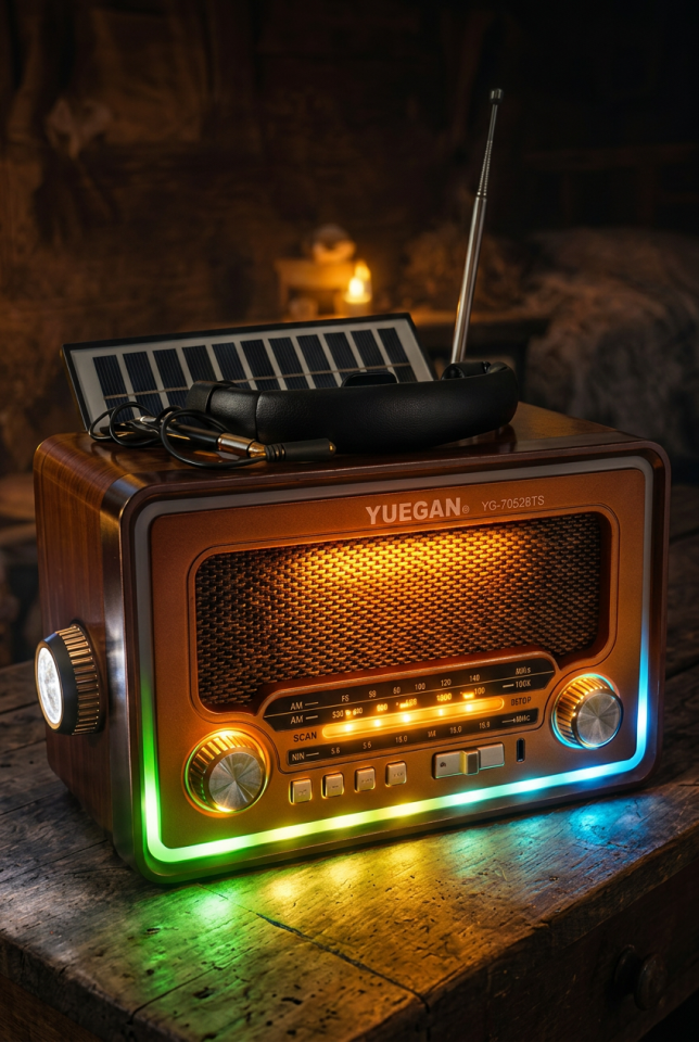 YUEGAN YG-7052 Retro Radyo | Bluetooth, Solar Şarj, USB/TF, Fener Özellikli Kamp Radyosu