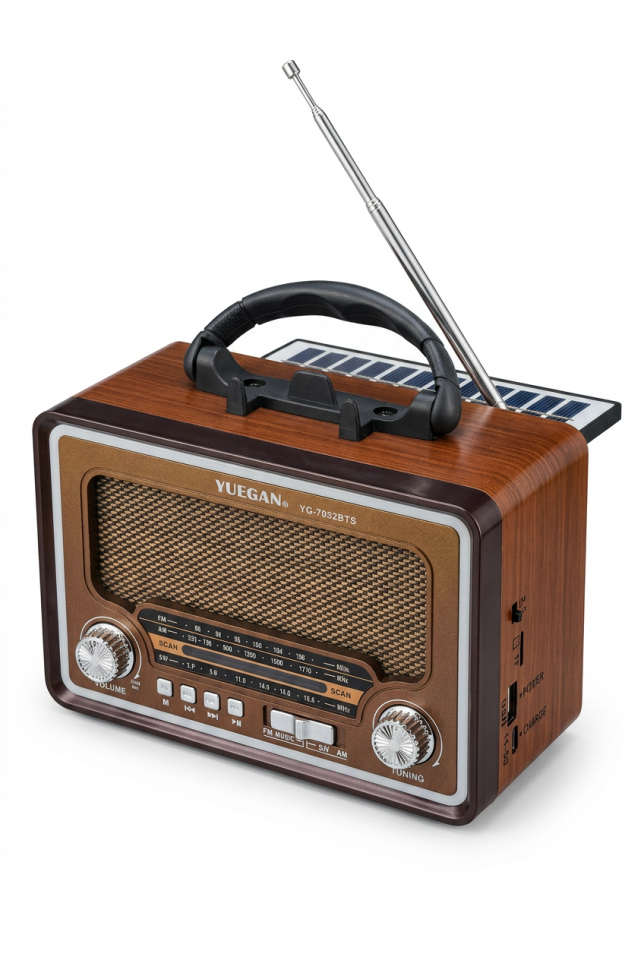 YUEGAN YG-7052 Retro Radyo | Bluetooth, Solar Şarj, USB/TF, Fener Özellikli Kamp Radyosu
