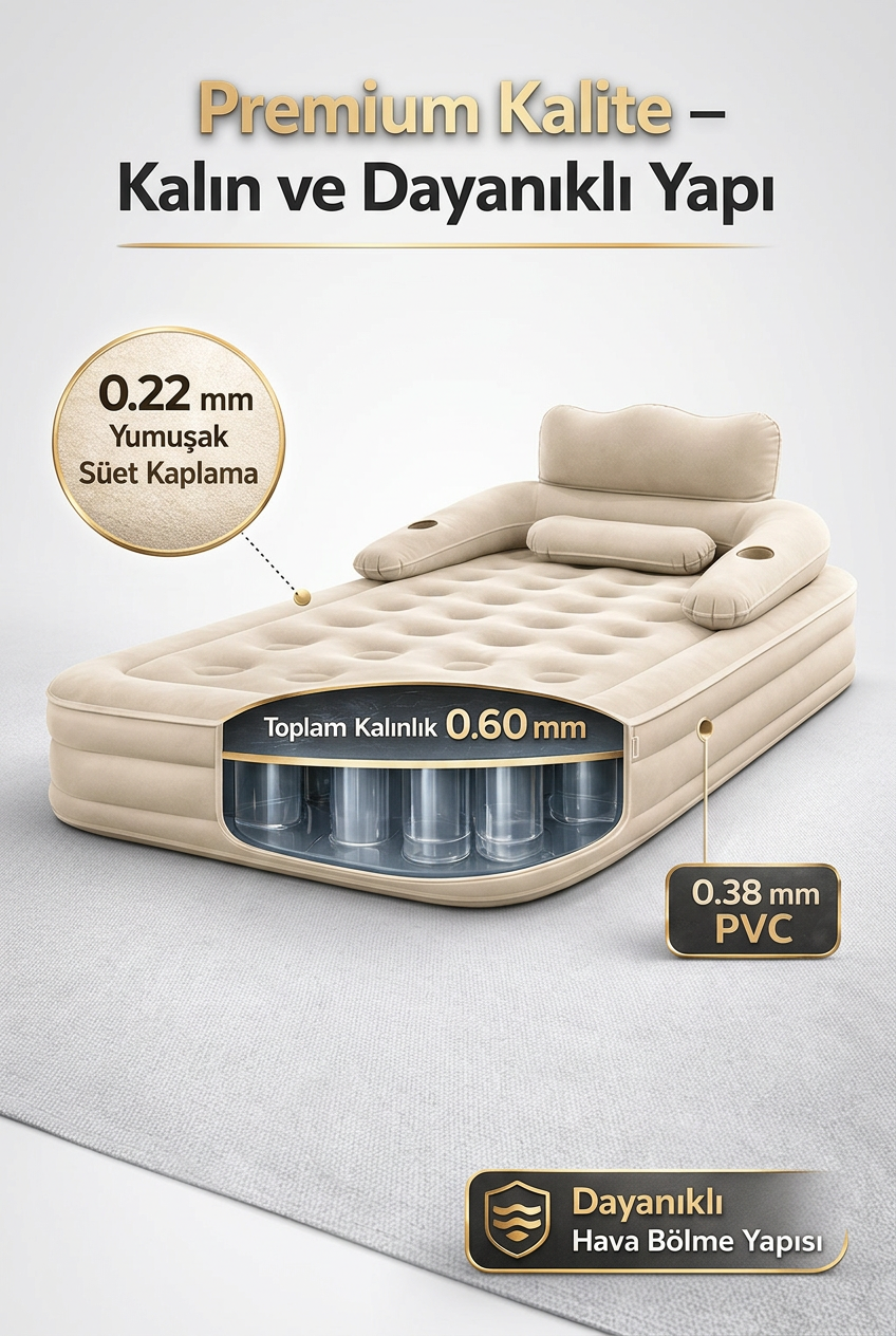 Tek Kişilik Premium Şişme Yatak 190x99x40 cm | Başlıklı, Şarjlı Pompalı Kamp ve Misafir Yatağı