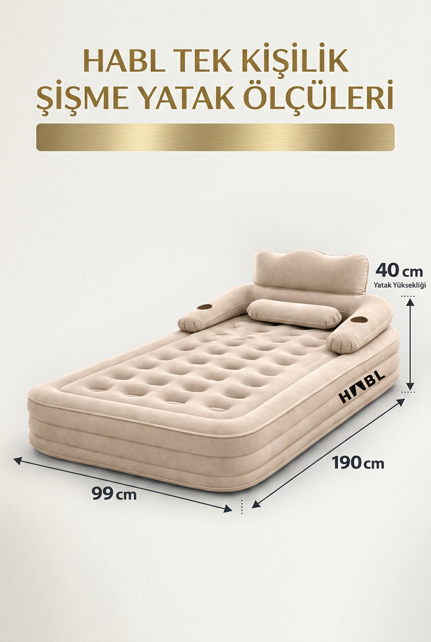 Tek Kişilik Premium Şişme Yatak 190x99x40 cm | Başlıklı, Şarjlı Pompalı Kamp ve Misafir Yatağı