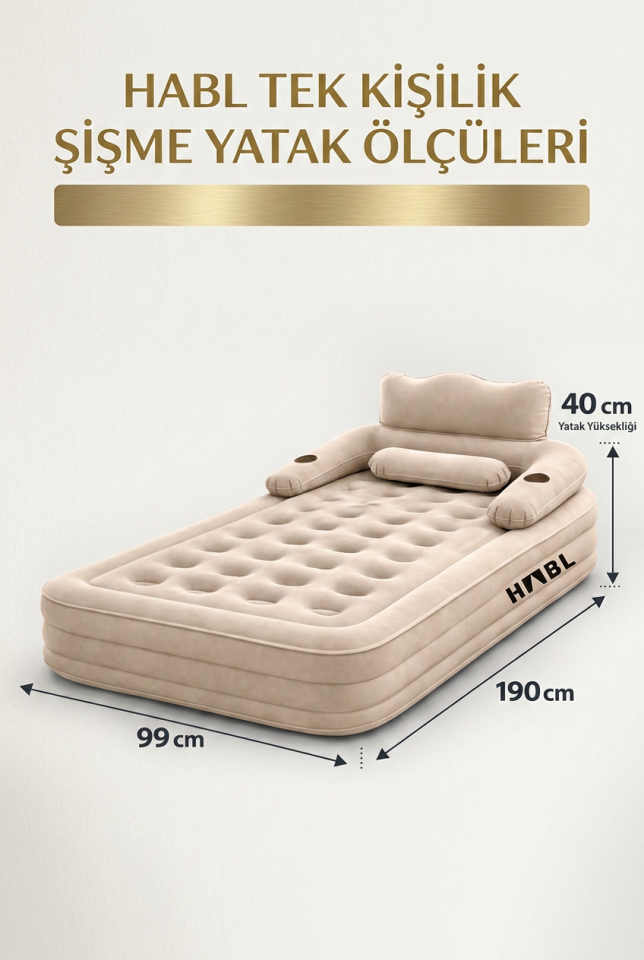 Tek Kişilik Premium Şişme Yatak 190x99x40 cm | Başlıklı, Şarjlı Pompalı Kamp ve Misafir Yatağı