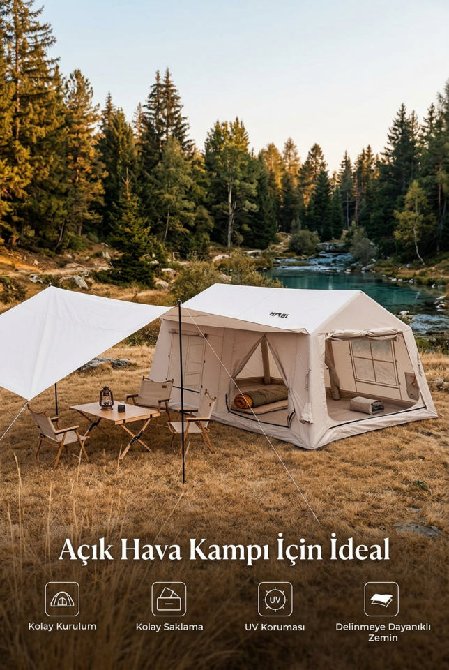 12X - 12 m² Şişme Kamp Çadırı | Tenteli, 4 Mevsim, Su Geçirmez, Baca Çıkışlı 400x300x235 cm