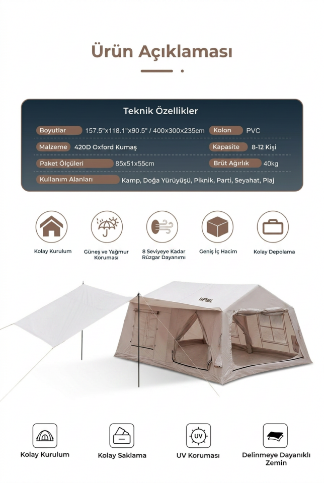 12X - 12 m² Şişme Kamp Çadırı | Tenteli, 4 Mevsim, Su Geçirmez, Baca Çıkışlı 400x300x235 cm