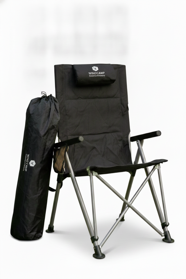 Premium Katlanır Kamp Sandalyesi Siyah | 5 Kademeli Sırt Ayarlı, Baş Yastıklı, 150 kg Taşıma Kapasiteli