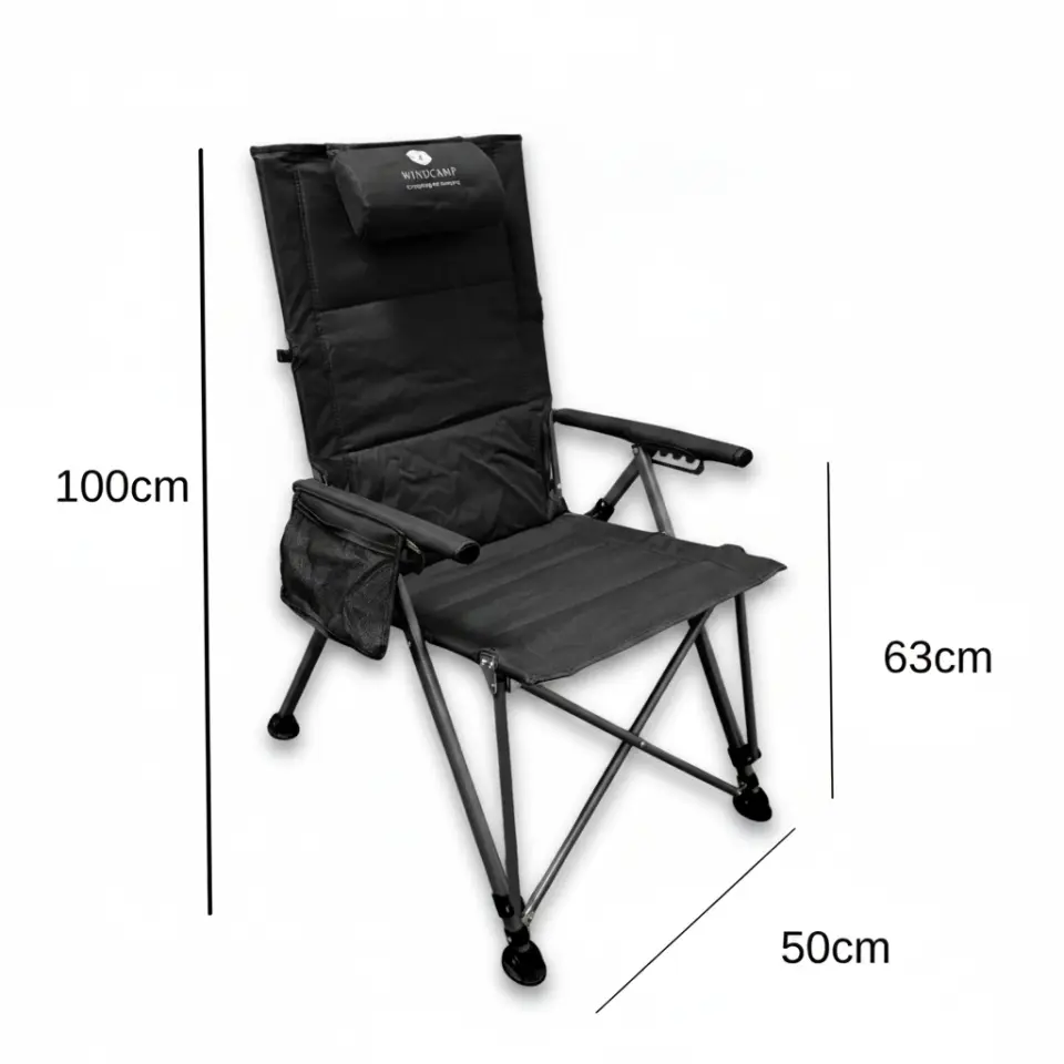 Premium Katlanır Kamp Sandalyesi Siyah | 5 Kademeli Sırt Ayarlı, Baş Yastıklı, 150 kg Taşıma Kapasiteli
