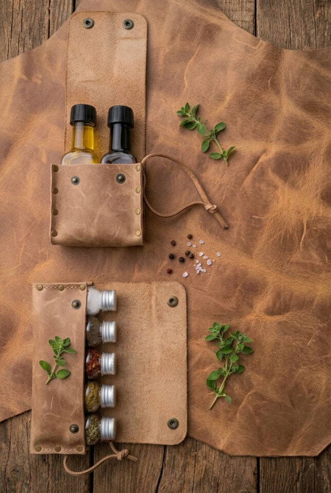 El Yapımı Hakiki Deri Baharatlık ve Yağdanlık Seti | 5 Baharat Şişesi + 2 Yağ Şişesi Dahil, Kamp & Bushcraft Organizer