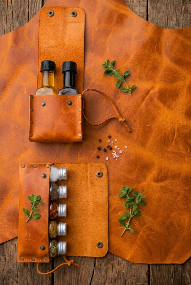 El Yapımı Hakiki Deri Baharatlık ve Yağdanlık Seti | 5 Baharat Şişesi + 2 Yağ Şişesi Dahil, Kamp & Bushcraft Organizer