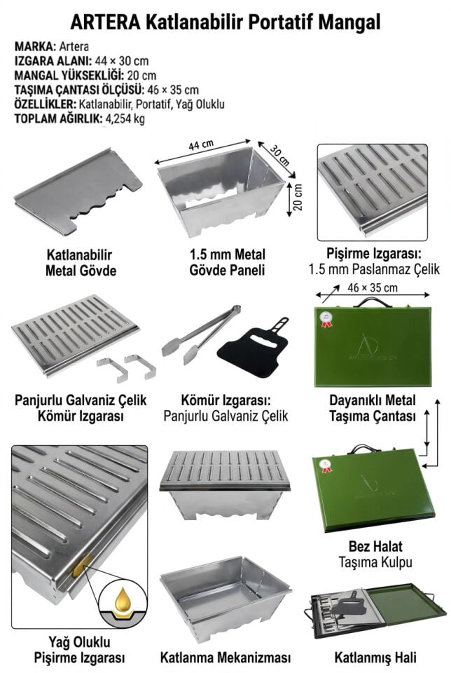 Artera Metal Çantalı Yağ Oluklu Katlanır Mangal | Paslanmaz Izgaralı Portatif Kamp Mangalı