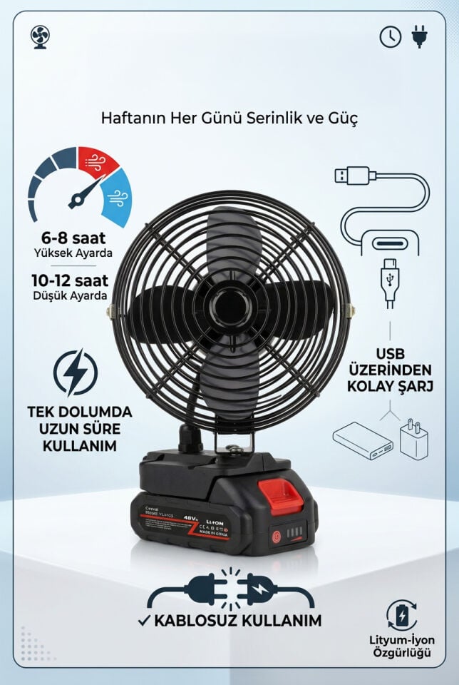 Şarjlı Taşınabilir Kamp Vantilatörü | Kablosuz, Pilli, Outdoor Kamp Fanı (Tek Bataryalı)