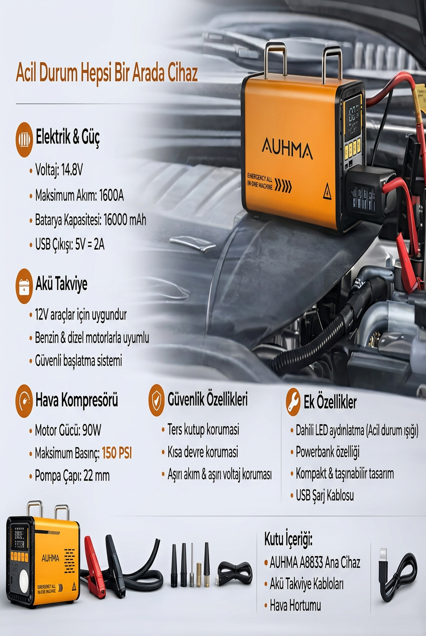 A8833 5'i 1 Arada Jump Starter | 1000A Akü Takviye, 150 PSI Kompresör, 16000 mAh Powerbank
