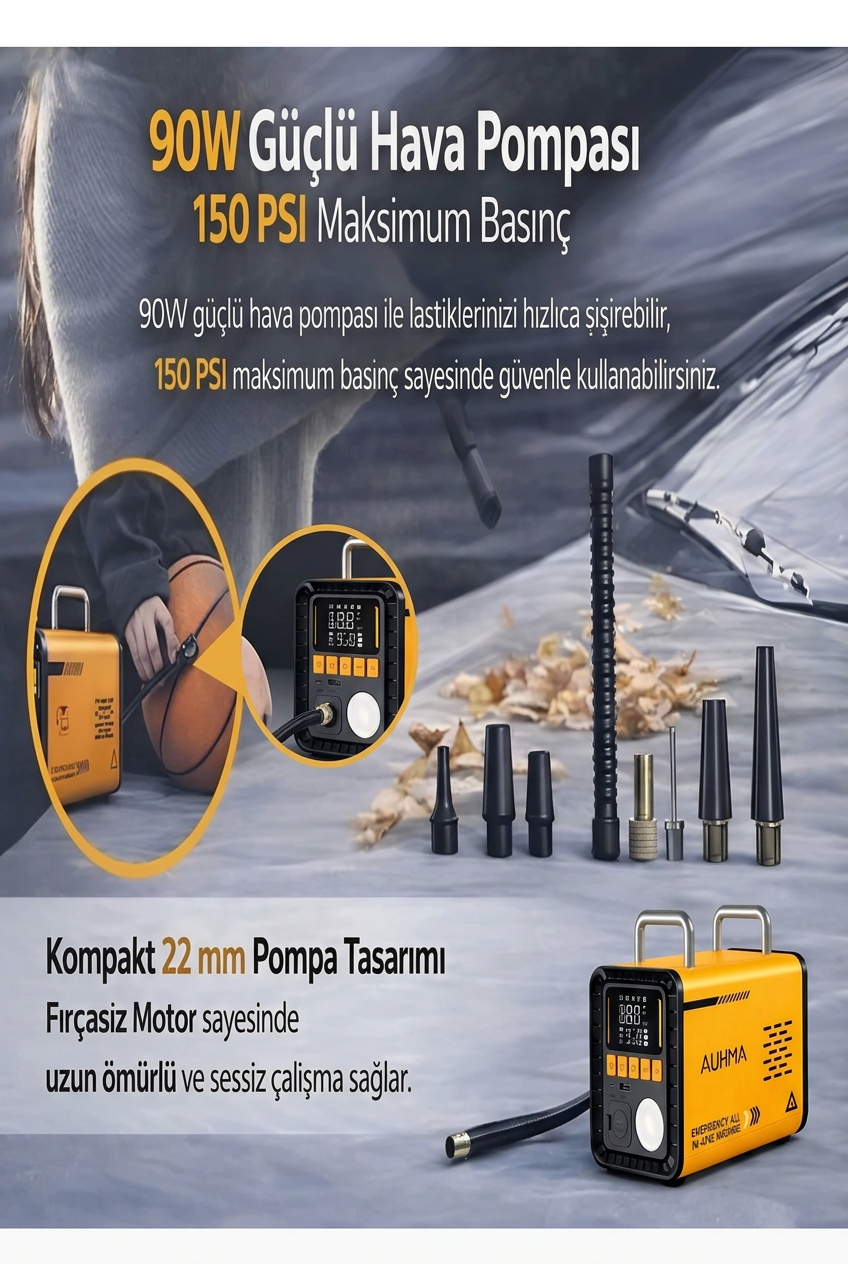 A8833 5'i 1 Arada Jump Starter | 1000A Akü Takviye, 150 PSI Kompresör, 16000 mAh Powerbank