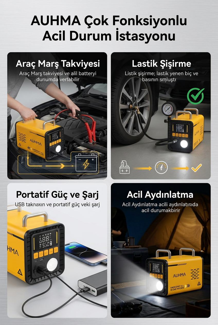 A8833 5'i 1 Arada Jump Starter | 1000A Akü Takviye, 150 PSI Kompresör, 16000 mAh Powerbank