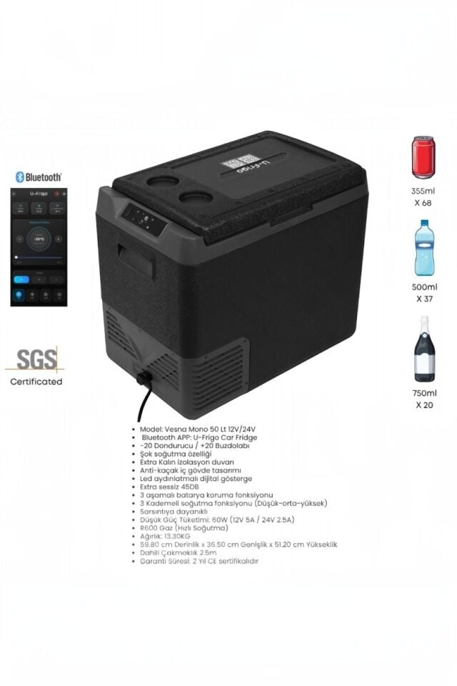 Vesna Mono 50 L Araç Buzdolabı | 12V/24V Kompresörlü Oto Buzdolabı, Bluetooth Kontrollü, -20°C Dondurucu