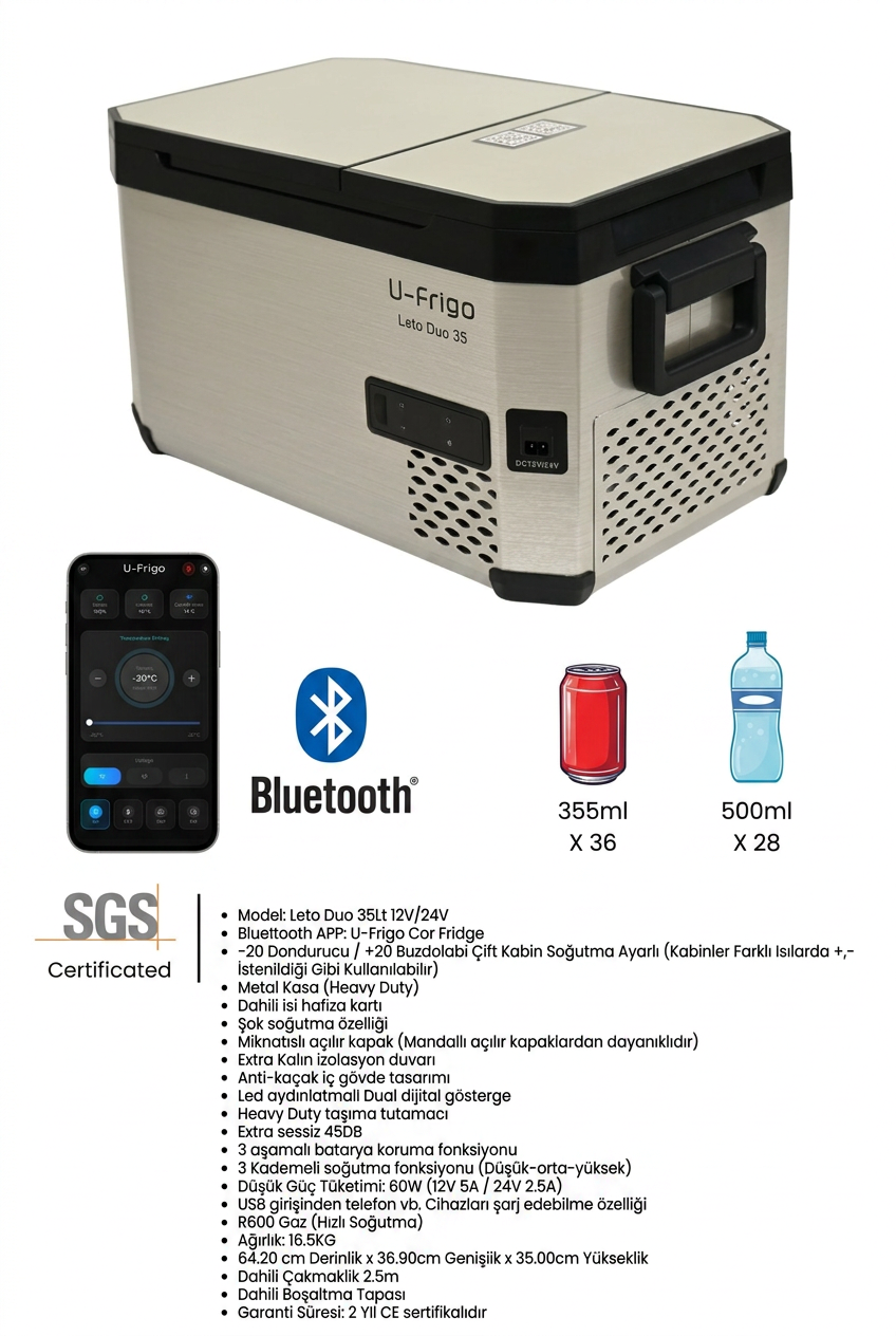 Leto Duo 35 L Araç Buzdolabı | Çift Kabinli 12V/24V Kompresörlü Oto Buzdolabı, Bluetooth Kontrollü, -20°C Dondurucu